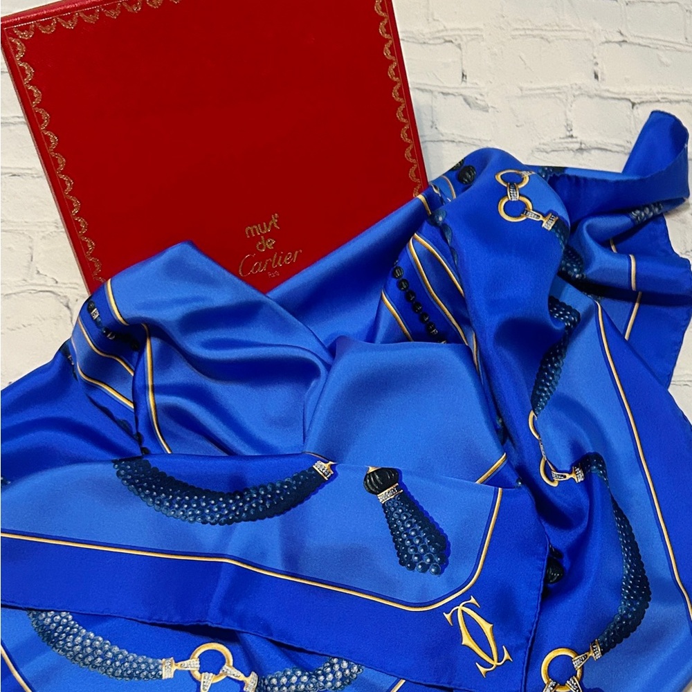 Cartier Blue Silk Scarf In Box With COA - Gorgeous EUC (32.5” x 32.5”)